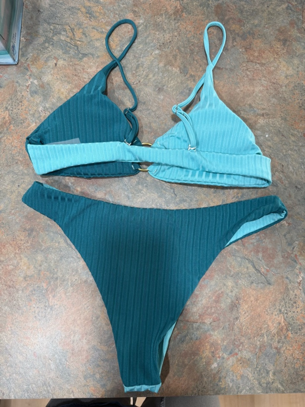 SHEIN Two-Tone Teal Ribbed Bikini Set - Picture 2 of 3